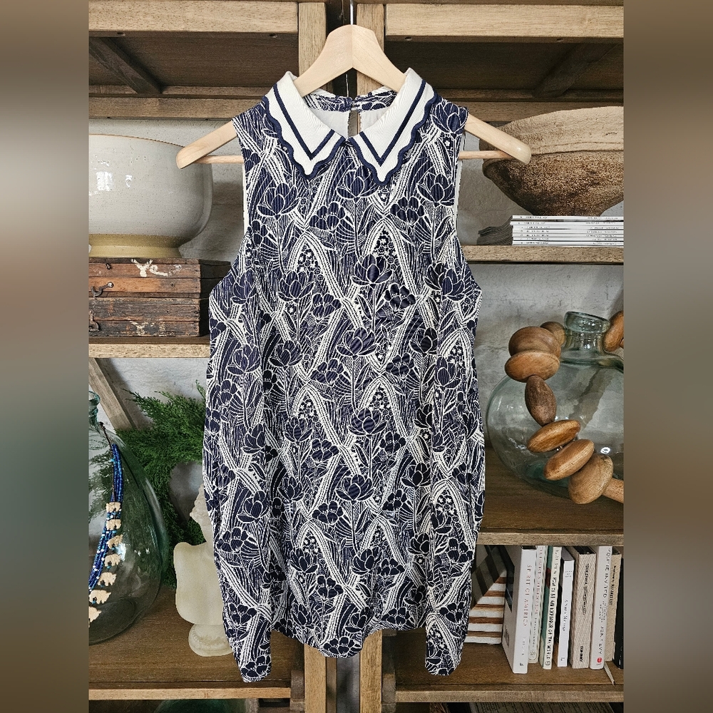 Anthropologie Maeve Lattice Floral Shift Dress Small Petite Navy White